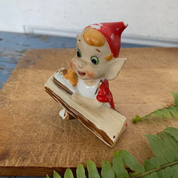 Vintage Christmas Pixie Elf Figurine Red Outfit School Desk Big Ears Japan - Picture 3 of 5